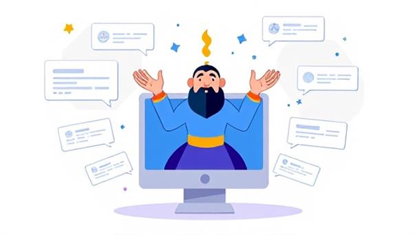 An illustration of a magical genie emerging from a computer screen, surrounded by floating text bubbles representing various content types like articles, blog posts, and social media captions, symbolizing the AI-generated content magic.