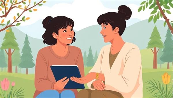 An illustration of a virtual mental health coach engaging in a supportive conversation with a client, showcasing empathy and understanding through body language and facial expressions, set against a calming virtual background of nature scenes.