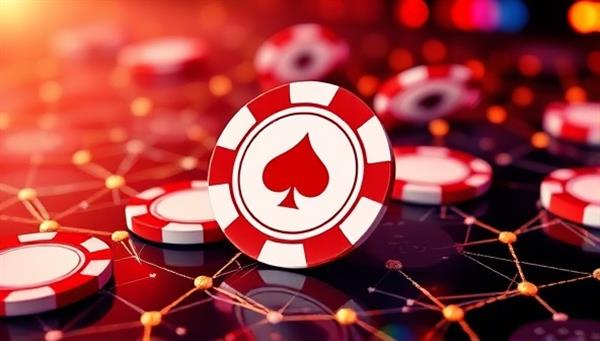 An illustration of digital poker chips on a blockchain network, symbolizing the fusion of traditional poker gameplay with the security and transparency of blockchain technology in an online setting.