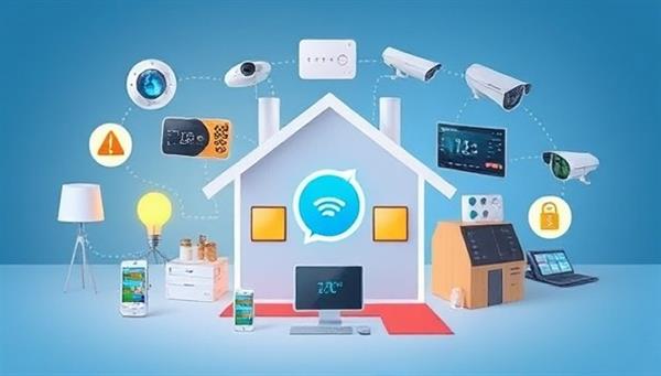 An illustration of a smart home hub surrounded by various connected devices like lights, thermostats, and security cameras, showcasing the convenience and security that HomeGuardian brings to modern households.