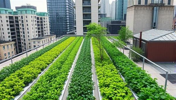 An urban rooftop transformed into a lush, green vertical farm with rows of plants growing vertically, showcasing the concept of sustainable urban agriculture.