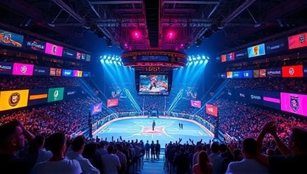 A dynamic and colorful digital arena showcasing different esports games with virtual banners displaying team logos, surrounded by cheering digital spectators, conveying excitement and competition.
