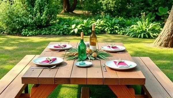 A serene outdoor setting with a beautifully set eco-friendly picnic table, adorned with natural decorations, reusable utensils, and a lush backdrop of greenery, promoting sustainability and outdoor leisure.