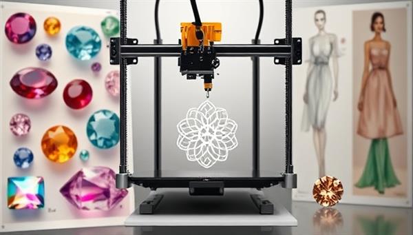 An image featuring a 3D printer in action creating a delicate and intricate jewelry piece, surrounded by colorful gemstone designs and fashion sketches, illustrating the fusion of technology and artistry in jewelry making.