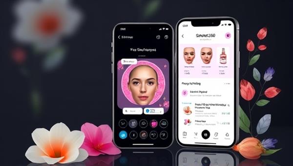 An engaging app mockup showcasing the SkinSense360 interface with interactive skin analysis tools, personalized product recommendations, and progress tracking features, set against a backdrop of vibrant skincare imagery and botanical illustrations, illustrating a high-tech yet user-friendly virtual skincare experience.