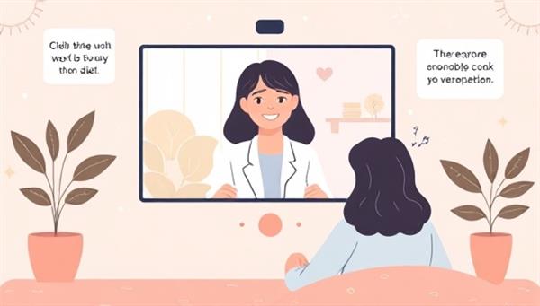 An illustration of a virtual therapy session with a therapist engaging compassionately with a client on a video call, surrounded by calming imagery and supportive messages, conveying a sense of safety and understanding.