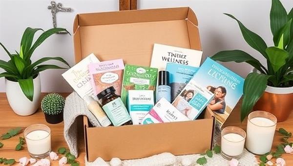 An enticing wellness subscription box filled with self-care products, relaxation tools, mindfulness guides, and educational materials on healthy living, surrounded by greenery, candles, and calming decor, creating a serene and inviting atmosphere for well-being exploration.