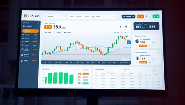A dynamic visual of a virtual trading dashboard on a computer screen, displaying fluctuating cryptocurrency prices, trading charts, and a leaderboard of top performers, creating a competitive and immersive trading experience.