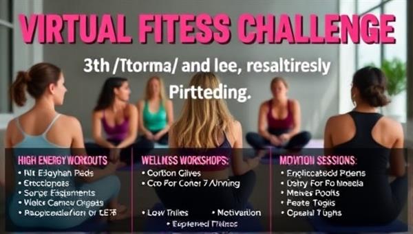 A dynamic visual of a virtual fitness challenge where participants engage in high-energy workouts, wellness workshops, and motivation sessions led by experienced trainers, creating a supportive and empowering virtual fitness community that inspires individuals to pursue their fitness goals and prioritize their well-being.
