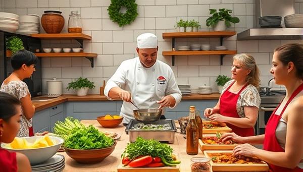 A lively and interactive virtual cooking class scene with a chef demonstrating a cooking technique, surrounded by fresh ingredients, kitchen tools, and eager participants following along from their own kitchens, fostering a sense of culinary community and learning.