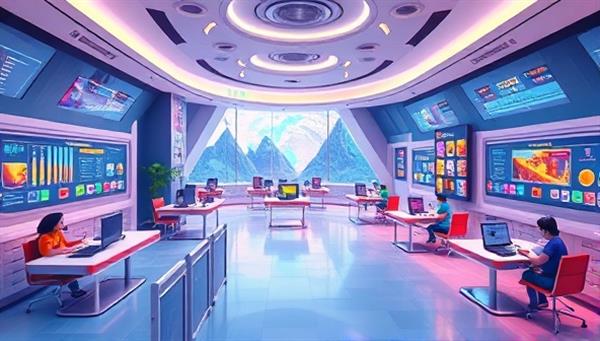 A futuristic digital landscape featuring virtual classrooms with animated characters, interactive learning elements, and gamification features, illustrating a dynamic and immersive educational environment that sparks curiosity and engagement.