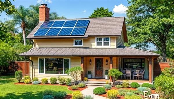 An eco-friendly home showcasing solar panels, rainwater harvesting systems, and energy-efficient appliances, surrounded by lush greenery and sustainable landscaping, illustrating the sustainable real estate solutions provided by EcoLiving Solutions.