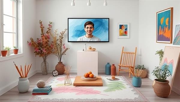 A serene virtual art therapy space with calming colors, art supplies neatly arranged, and an art therapist guiding a session through a video call, users immersed in creative expression and emotional release, conveying a sense of healing and inner peace through art.