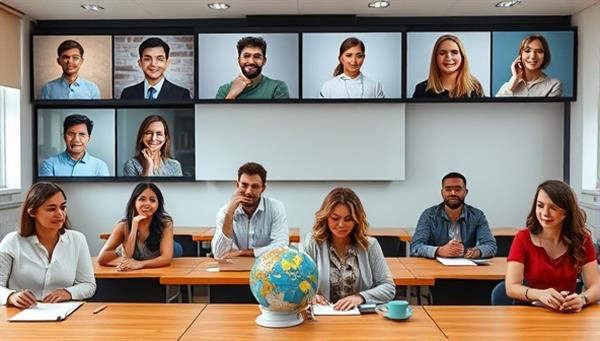 An engaging virtual classroom setting with diverse avatars representing users from different cultural backgrounds engaging in language exchange sessions, showcasing a dynamic and interactive learning environment.
