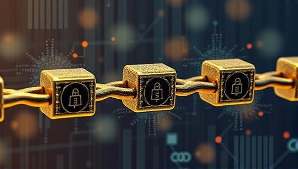 An artistic depiction of interconnected blockchain blocks forming a chain, with legal contract icons embedded in each block, symbolizing the secure and transparent nature of blockchain-based legal contracts.