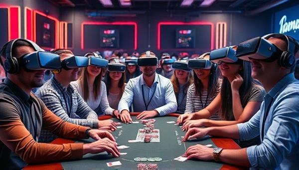 A diverse group of people wearing VR headsets, immersed in a virtual poker room setting with digital chips and cards, showcasing the futuristic and interactive nature of VR Poker Nights.