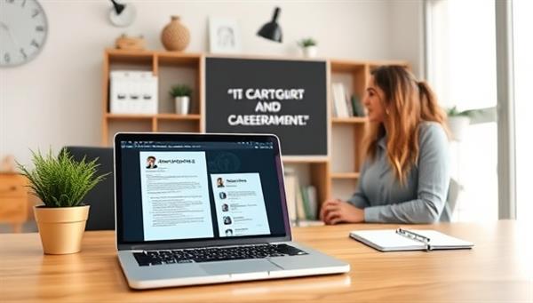 A virtual office setting with a laptop displaying career coaching resources, a resume template, motivational career quotes, and a professional mentor engaging in a coaching session with a client, representing growth, guidance, and career success in the virtual coaching services.