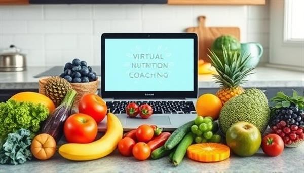 An array of colorful fruits, vegetables, and whole foods neatly arranged on a kitchen counter, accompanied by a laptop displaying a virtual nutrition coaching session, conveying the essence of healthy eating and nutritional guidance.