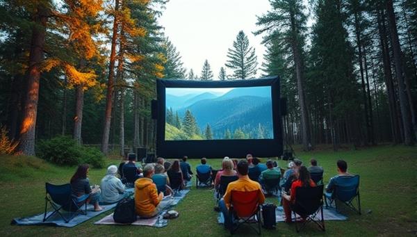 An enchanting outdoor theater setup in a lush forest clearing, a large screen displaying a vibrant nature documentary, audiences seated on eco-friendly blankets and camping chairs, surrounded by trees and nature sounds, embodying the harmony between cinema and the great outdoors.