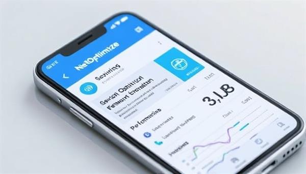 A smartphone screen displaying the NetOptimize app interface with network optimization suggestions and performance metrics, emphasizing user-friendly design and actionable insights.