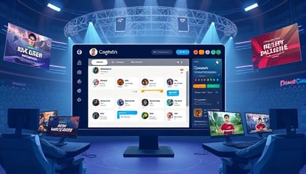 An illustrative depiction of the ProPlay Coaching platform interface, featuring a dashboard with player profiles, coaching sessions calendar, and performance tracking tools, surrounded by images of eSports arenas and competitive gaming setups, highlighting the professional and focused environment for coaching sessions.