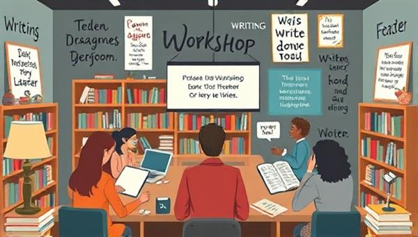 An artistic depiction of a virtual writing workshop setting with participants engaged in creative activities, surrounded by virtual bookshelves, inspirational quotes, and writing prompts, fostering a collaborative and imaginative space for writers to thrive.