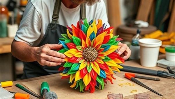 An artist molding recycled plastic into a vibrant and intricate home decor piece, surrounded by tools and materials, showcasing the transformation of waste into art and the fusion of sustainability and creativity in artisanal homeware.