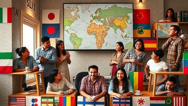 A vibrant virtual language exchange community scene featuring diverse participants engaging in language conversations, cultural activities, and virtual travel experiences, promoting language learning, cultural exchange, and global connections in a digital setting.