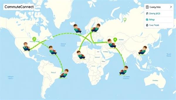 An interactive map interface displaying virtual carpooling routes with animated avatars representing users sharing rides, surrounded by city icons and green mobility symbols, illustrating the efficiency and eco-friendly aspect of CommuteConnect.