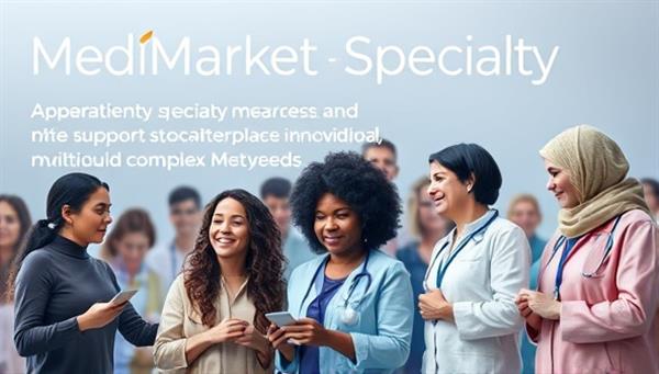 An impactful visual representation of MediMarket Specialty platform featuring a diverse group of patients accessing specialty medications and support services through the digital marketplace, symbolizing empowerment, accessibility, and healthcare innovation for individuals with complex medical needs.