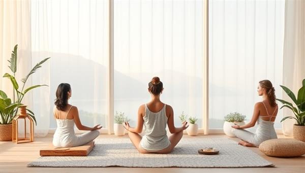 A serene virtual beauty wellness retreat setup with participants engaging in a guided meditation session, virtual beauty treatments, and yoga practice, surrounded by calming nature visuals and wellness props, fostering a tranquil and rejuvenating online retreat experience.