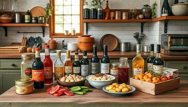 An inviting culinary scene featuring a rustic kitchen setting with an array of artisanal food products, local delicacies, and gourmet treats displayed on a wooden table, evoking a sense of warmth, authenticity, and gastronomic delight.