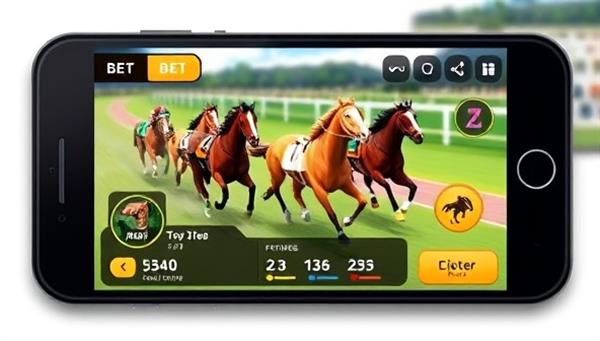 An animated graphic of virtual horses racing on a mobile screen, with user interface elements displaying bet options, race progress, and virtual horse customization features, creating a dynamic and engaging visual representation of the mobile app for virtual horse racing.