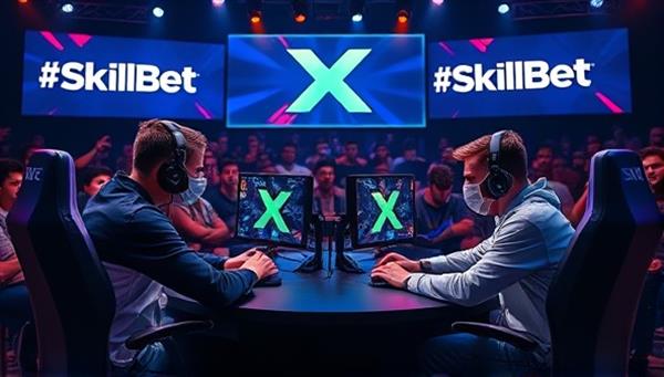 An intense gaming setup with two players engaged in a competitive esports match, surrounded by a crowd of spectators and digital banners displaying the SkillBetX logo, highlighting the fusion of skill-based gaming and betting.