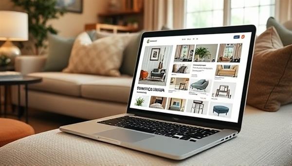 A cozy living room setting with a laptop displaying a virtual interior design consultation in progress, showcasing a mood board, fabric swatches, and furniture samples, creating a visually appealing and engaging design environment.