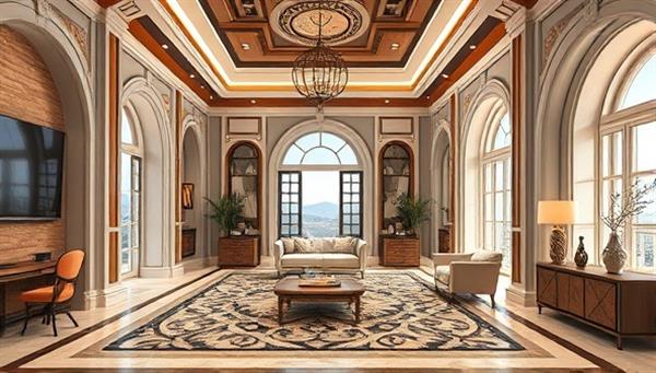 An artistically designed virtual room with detailed architectural elements, showcasing a seamless blend of modern and traditional aesthetics, creating a visually stunning and inspiring space.