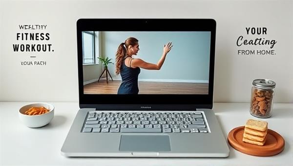 A laptop screen displaying a virtual workout session with a fitness coach guiding a client through exercises, surrounded by motivational fitness quotes and healthy snack options, promoting a healthy lifestyle from home.