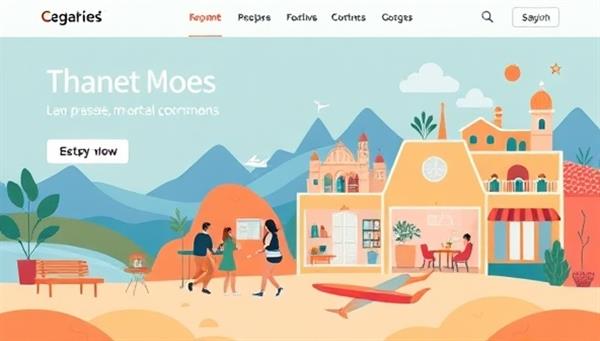 An online community platform interface featuring remote workspaces, co-living accommodations, and networking events tailored for digital nomads and remote workers, with vibrant illustrations of collaborative work environments and travel-friendly hubs, fostering a sense of community and connection among like-minded professionals.