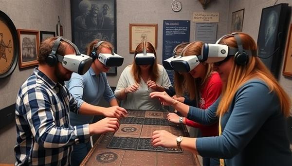 A group of friends wearing VR headsets, enthusiastically working together to solve a complex puzzle in a virtual room filled with interactive elements and hidden clues, showcasing the excitement and teamwork of the VR Escape Quest experience.