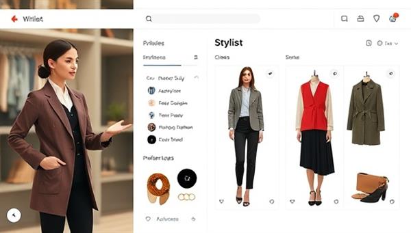 A sleek digital interface showing a virtual stylist interacting with a client