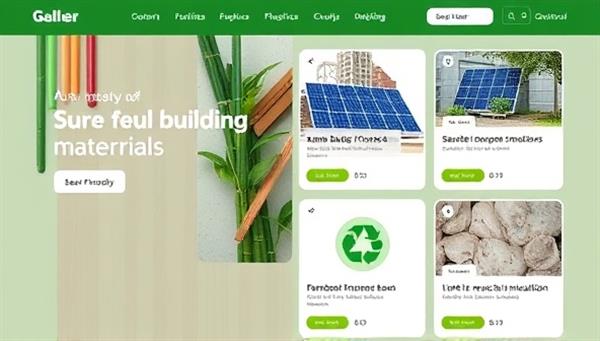 An online marketplace interface showcasing a variety of sustainable construction materials such as bamboo flooring, solar panels, and recycled insulation, with eco-friendly logos and product descriptions, conveying a commitment to green building practices.