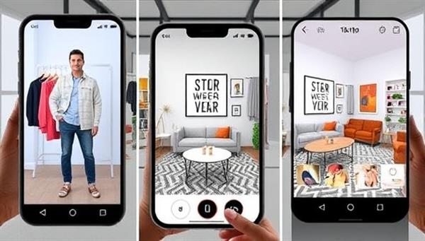 An augmented reality product visualization demo featuring virtual try-on experiences for clothing items, furniture placement simulations, and interactive product demonstrations, illustrating the platform