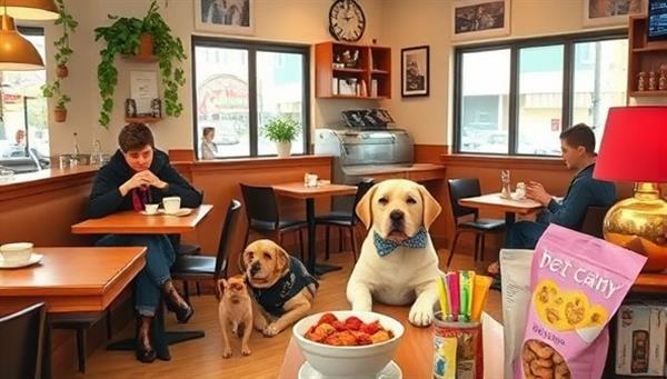 A cozy cafe setting with pet owners enjoying coffee and pastries while their well-behaved pets lounge beside them, with colorful pet treats displayed on the counter.