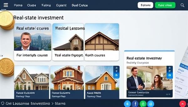 An online course platform interface displaying real estate investment course modules, interactive quizzes, and video lessons, with a background of property images and investment charts, symbolizing the educational opportunities and wealth-building potential of real estate investments.
