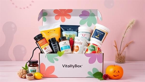 An aesthetically pleasing image of a vibrant, wellness-themed subscription box filled with assorted nutraceuticals, superfoods, and wellness products, evoking a sense of health, vitality, and self-care associated with VitalityBox Rx subscriptions.