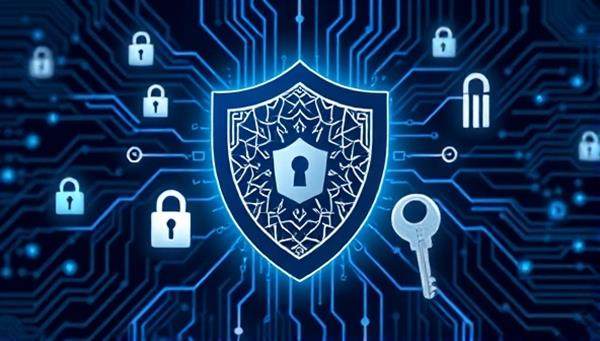 A digital illustration of a shield logo with intricate cybersecurity patterns, surrounded by digital locks and keys, symbolizing protection and defense against cyber threats, representing the CyberGuard Shield service.