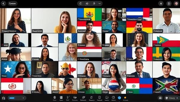 An online language exchange session with users from different parts of the world engaging in a lively conversation in multiple languages, highlighting diversity and cultural exchange through virtual learning.