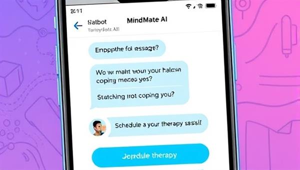 An illustrative image of a smartphone screen displaying a conversation with the MindMate AI chatbot, featuring empathetic messages, suggested coping strategies, and a button to schedule a virtual therapy session, conveying a supportive and user-friendly mental health chatbot experience.