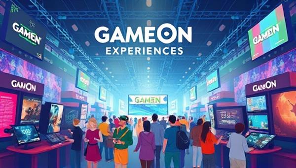 An illustrative poster showcasing a vibrant and dynamic gaming event organized by GameOn Experiences, featuring gaming consoles, interactive displays, cosplayers, and a diverse crowd of attendees, capturing the excitement and energy of gaming events curated by the service.