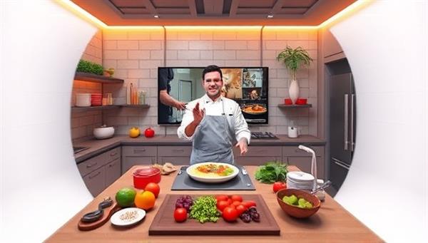 An immersive virtual kitchen scene with a celebrity chef showcasing a cooking tutorial on screen, surrounded by vibrant ingredients, kitchen tools, and interactive cooking elements, inviting users to participate in a culinary adventure within the dynamic and visually appealing world of VR Chef